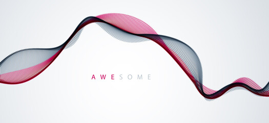 Vector abstract background with wave of flowing particles, smooth curve shape lines, particle array flow. 3d shape dots blended mesh, future technology relaxing wallpaper.