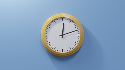 Glossy orange clock on a blue wall at twelve past twelve. Time is 00:12 or 12:12