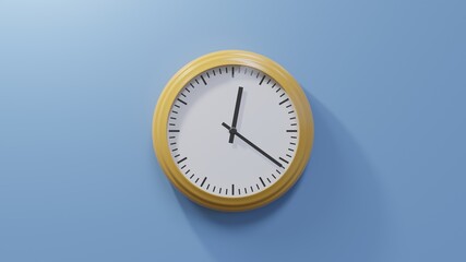 Glossy orange clock on a blue wall at twenty-one past twelve. Time is 00:21 or 12:21