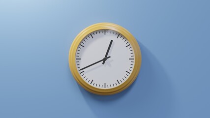 Glossy orange clock on a blue wall at forty-one past twelve. Time is 00:41 or 12:41