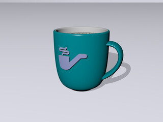 3D illustration of PIPE icon embossed on a coffee cup over a white background having shadows.. construction and water