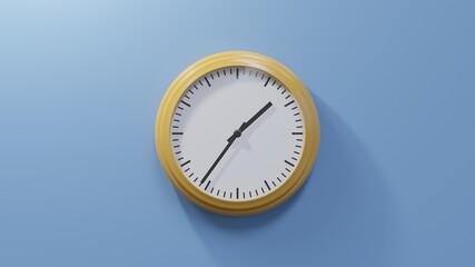 Glossy orange clock on a blue wall at thirty-six past one. Time is 01:36 or 13:36