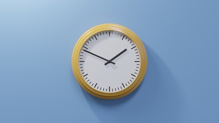 Glossy orange clock on a blue wall at forty-nine past one. Time is 01:49 or 13:49