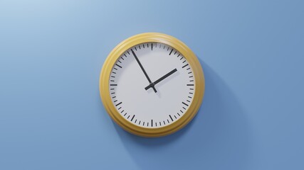 Glossy orange clock on a blue wall at five to two. Time is 01:55 or 13:55