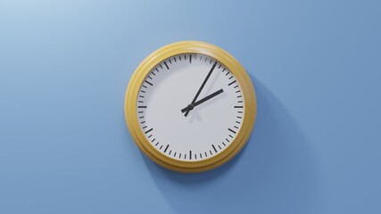 Glossy orange clock on a blue wall at five past two. Time is 02:05 or 14:05