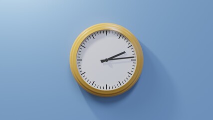 Glossy orange clock on a blue wall at fourteen past two. Time is 02:14 or 14:14