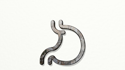 medical specialty stomach on the wall. 3D illustration of metallic sculpture over a white background with mild texture. care and doctor