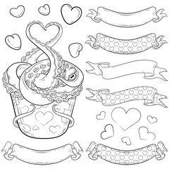 Line art set of stylized octopus dessert, heart patterned ribbons and small hearts. Vector illustrations for your Valentine’s Day, nautical party and other fiction designs. Coloring book page.