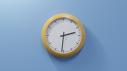Glossy orange clock on a blue wall at thirty-one past two. Time is 02:31 or 14:31