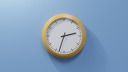 Glossy orange clock on a blue wall at thirty-three past two. Time is 02:33 or 14:33