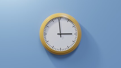 Glossy orange clock on a blue wall at fifty-nine past two. Time is 02:59 or 14:59