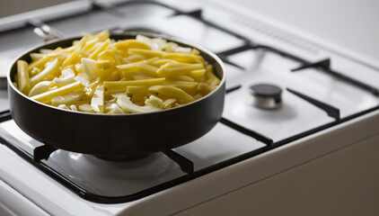 Fried potato dish on a gas stove in the kitchen