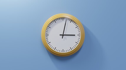 Glossy orange clock on a blue wall at two past three. Time is 03:02 or 15:02