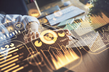 Tech theme hologram over woman's hands taking notes background. Concept of hightech. Double exposure