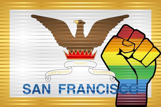 Shiny LGBT Protest Fist on a San Francisco Flag - Illustration, 
Abstract grunge San Francisco Flag and LGBT flag