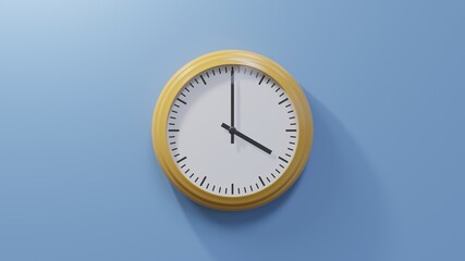 Glossy orange clock on a blue wall at four o'clock. Time is 04:00 or 16:00