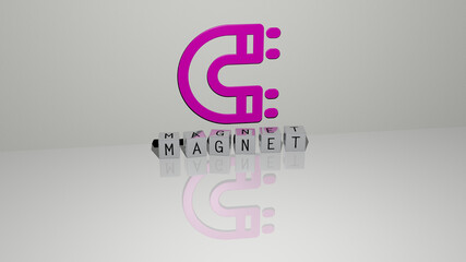 3D illustration of magnet graphics and text made by metallic dice letters for the related meanings of the concept and presentations. background and attract