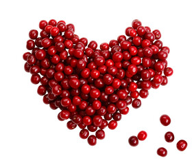 Heart from summer harvest of cherry isolated on white background. Fruit summer love. Sweet summer mood. Cherry berries on white background. Heart of summer. July color. Eco natural health dessert