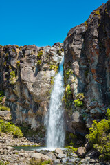 View over Taranaki falls on a beautiful summer day. Long exposure
