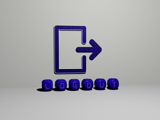 3D representation of LOGOUT with icon on the wall and text arranged by metallic cubic letters on a mirror floor for concept meaning and slideshow presentation