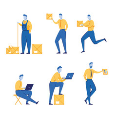 Set of poses businessman and courier. Flat vector icon.