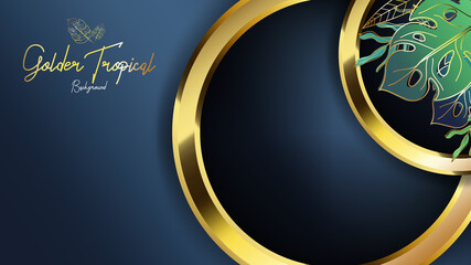 Luxury background with golden tropical leaf and dark blue with gold color, can use for wedding invitation card