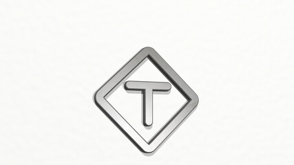 road sign deadend from a perspective on the wall. A thick sculpture made of metallic materials of 3D rendering. background and city