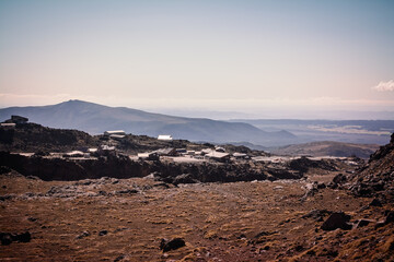 Panoramic view over valley from Mt Ruapehu in summer. Tongariro National Park, New Zealand