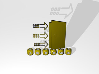 3D representation of ARROWS with icon on the wall and text arranged by metallic cubic letters on a mirror floor for concept meaning and slideshow presentation. illustration and background