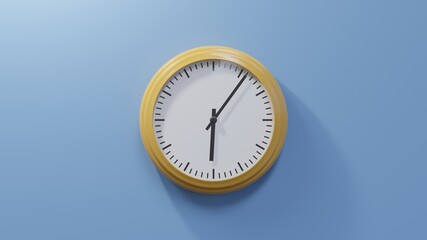 Glossy orange clock on a blue wall at six past six. Time is 06:06 or 18:06