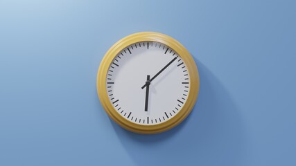 Glossy orange clock on a blue wall at eight past six. Time is 06:08 or 18:08