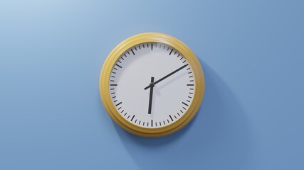 Glossy orange clock on a blue wall at ten past six. Time is 06:10 or 18:10