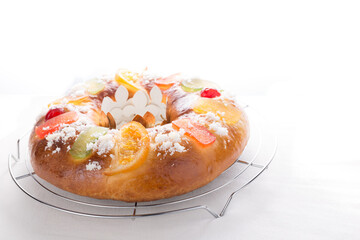 Roscon de Reyes, traditional Spanish Christmas sweet, Home made dessert, white background

