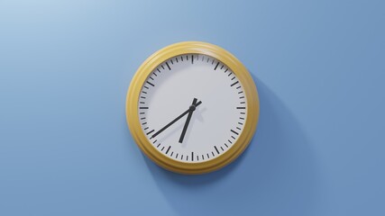 Glossy orange clock on a blue wall at thirty-nine past six. Time is 06:39 or 18:39