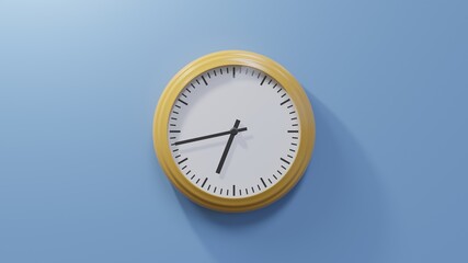 Glossy orange clock on a blue wall at forty-three past six. Time is 06:43 or 18:43