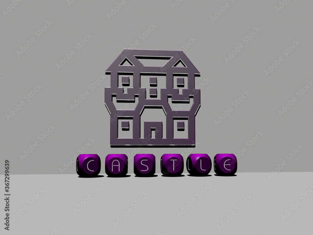 Poster 3d graphical image of castle vertically along with text built by metallic cubic letters from the top