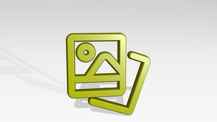 picture polaroid landscape from a perspective with the shadow. A thick sculpture made of metallic materials of 3D rendering. background and frame