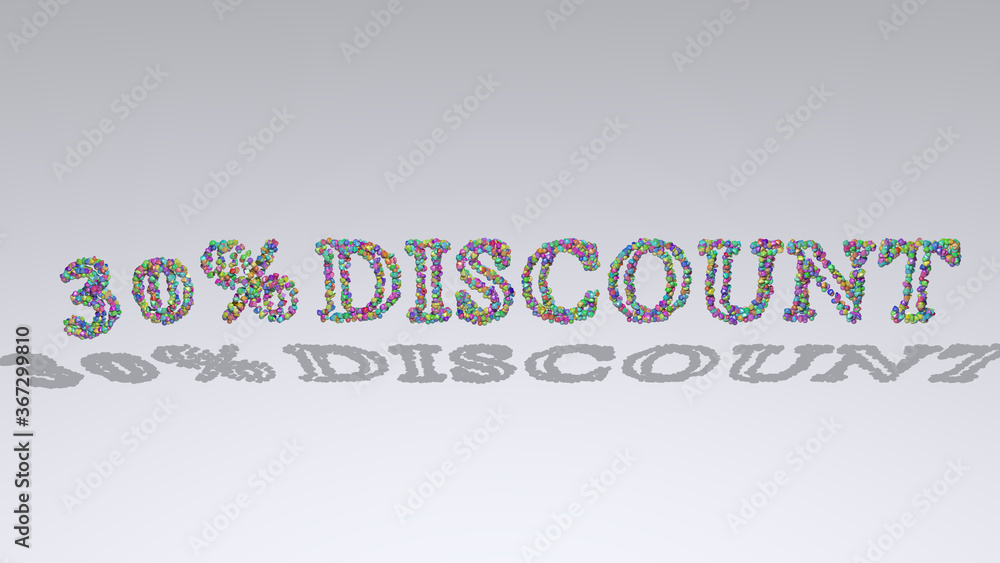 Poster % discount written in 3d illustration by colorful small objects casting shadow on a white background