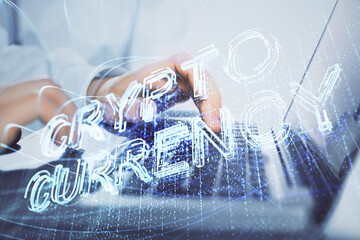 Blockchain theme hud with man working on computer on background. Concept of crypto chain. Double exposure.