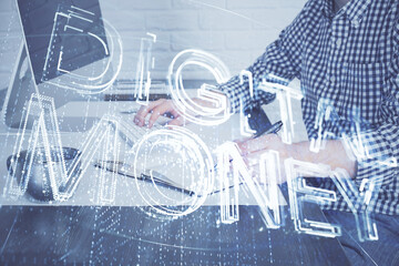 Blockchain theme hud with man working on computer on background. Concept of crypto chain. Double exposure.