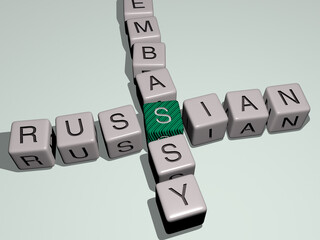 crosswords of russian embassy arranged by cubic letters on a mirror floor, concept meaning and presentation. background and illustration