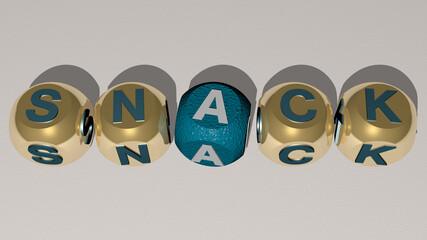 SNACK combined by dice letters and color crossing for the related meanings of the concept. food and background