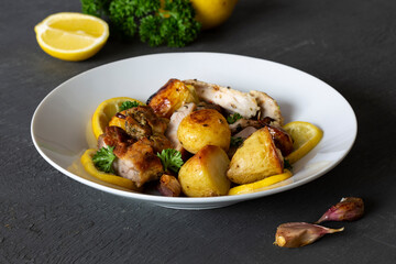 Greek Style Roasted Chicken, Potatoes, Parsely and Lemon