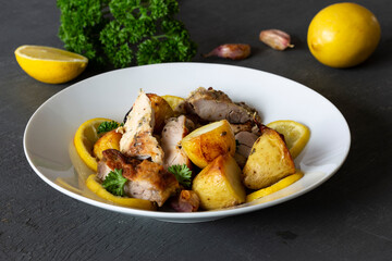 Greek Style Roasted Chicken, Potatoes, Parsely and Lemon
