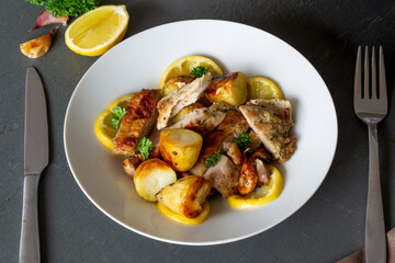Greek Style Roasted Chicken, Potatoes, Parsely and Lemon