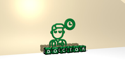 3D graphical image of doctor vertically along with text built by metallic cubic letters from the top perspective, excellent for the concept presentation and slideshows. care and clinic