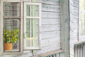Fototapeta na wymiar summer wild flowers on windowsill in old wooden house in village