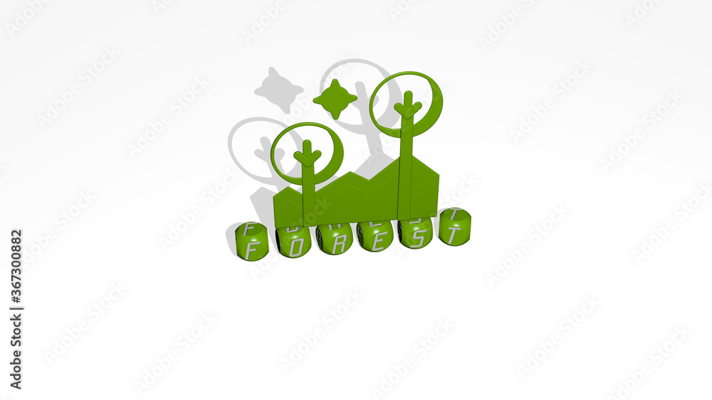 Poster 3d graphical image of forest vertically along with text built by metallic cubic letters from the top