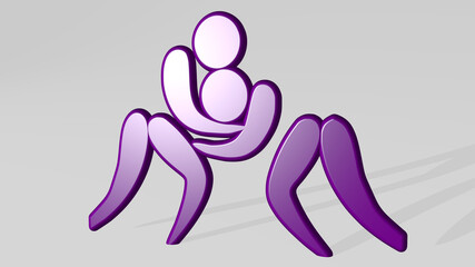 MEN WRESTLING made by 3D illustration of a shiny metallic sculpture with the shadow on light background. couple and young
