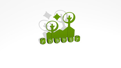 3D graphical image of forest vertically along with text built by metallic cubic letters from the top perspective, excellent for the concept presentation and slideshows. background and beautiful